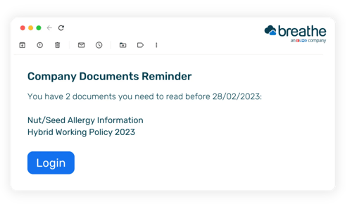 Email reminder message saying there are 2 unread documents to read in Breathe with a blue login button